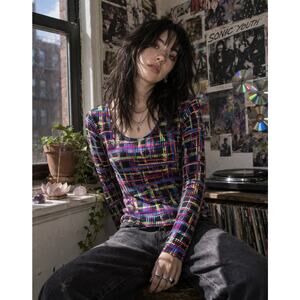 Lynn Ritchie Silk Blend Long Sleeve Top S Colorful Abstract Grid Y2K Stretch